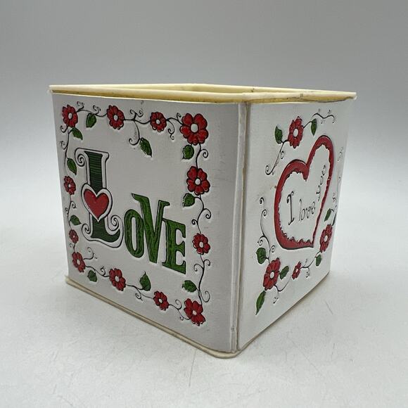 Vtg Retro 1970s Plastic Valentine Planter Cup 4" Square Red Green Hearts LOVE - Picture 3 of 8